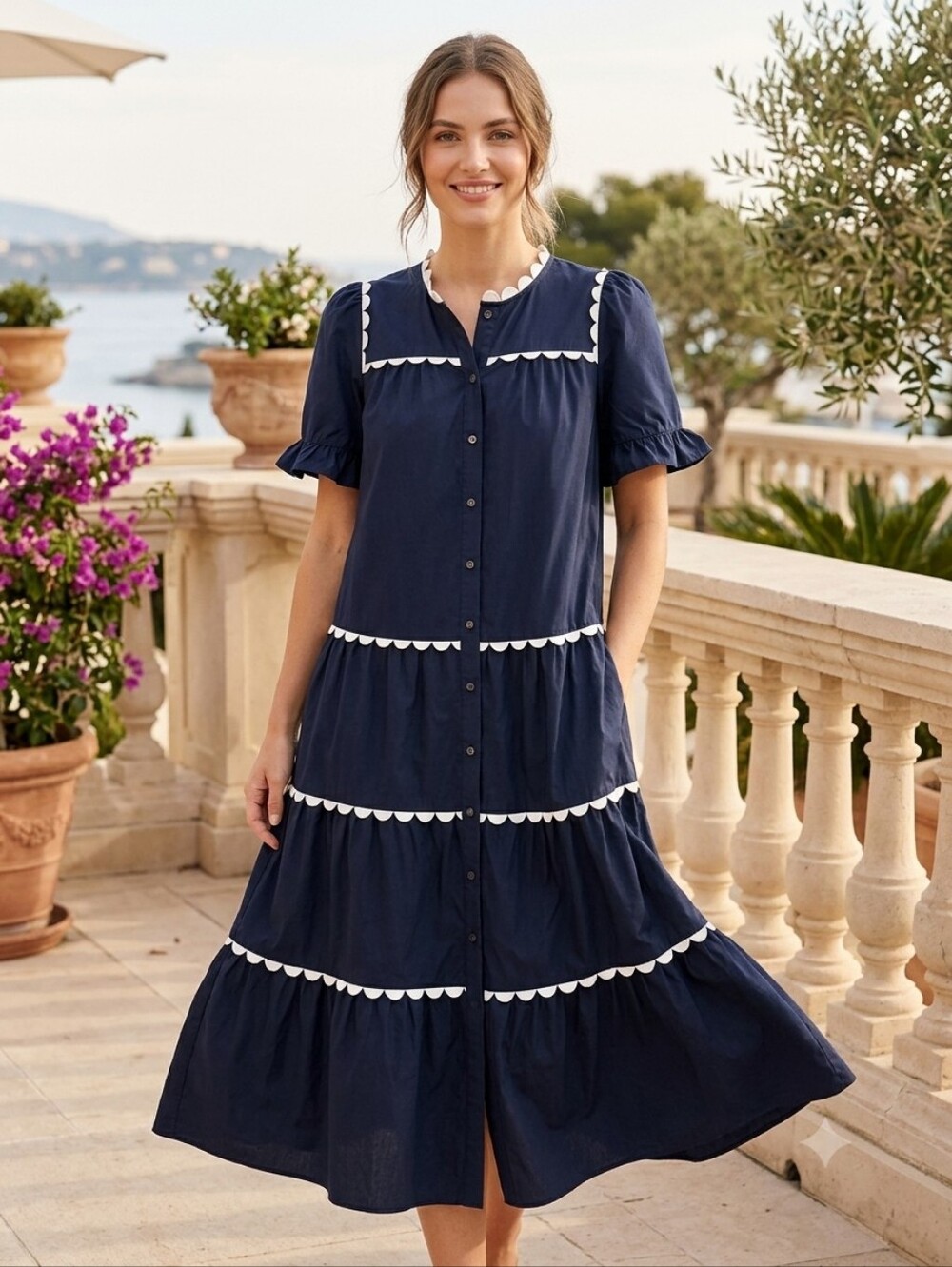Entro Navy Blue Scalloped Tiered Midi/Maxi Dress, Size Small